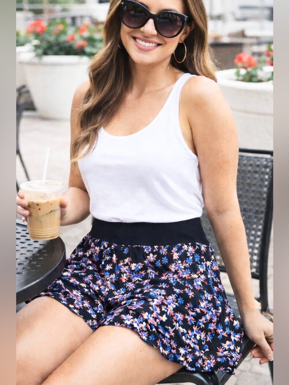 Express XS Black Blue Pink Floral High Rise Elastic Waist Skirt-like Shorts
